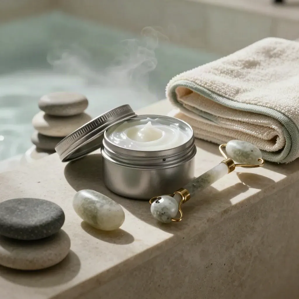 Open balm tin with stone roller, towel, spa stones, and mist on pale stone.