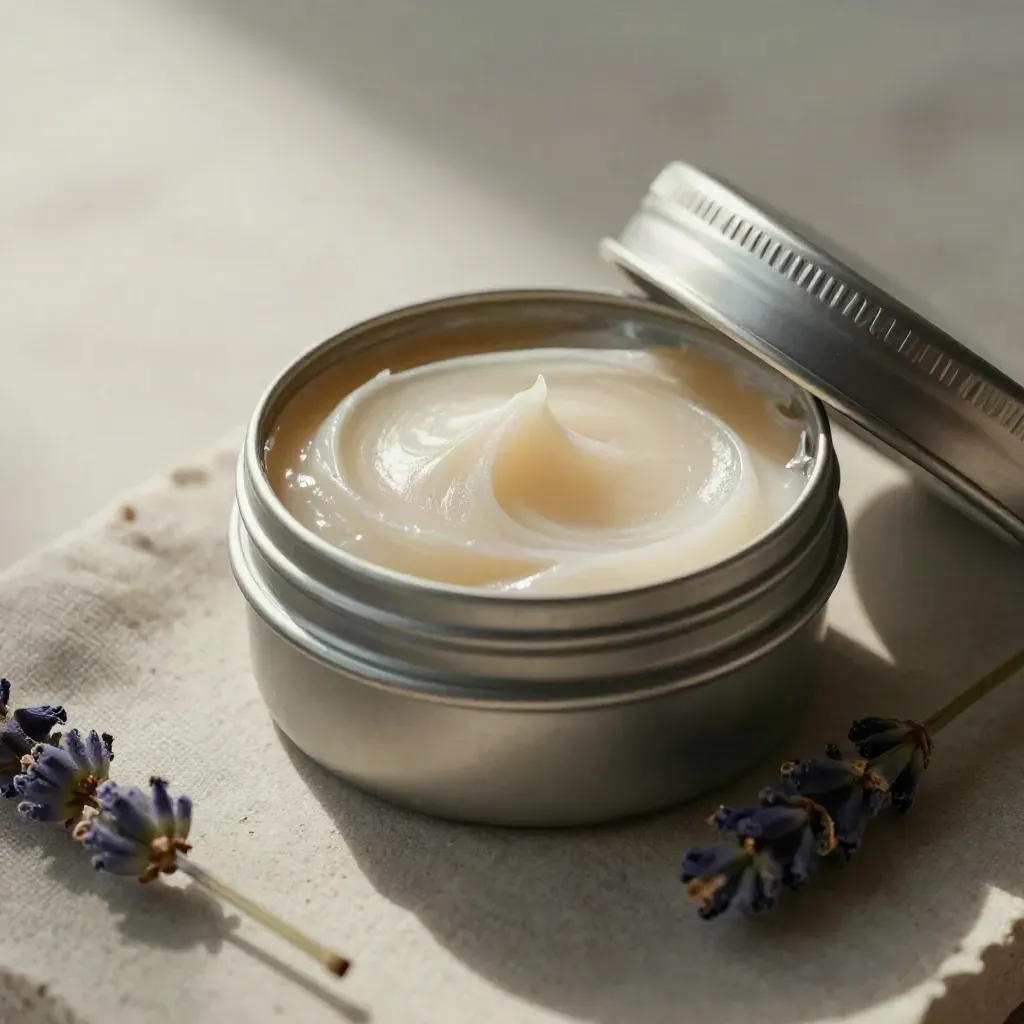 Open balm tin with smooth swirl, linen fold, and dried lavender stem on pale stone.
