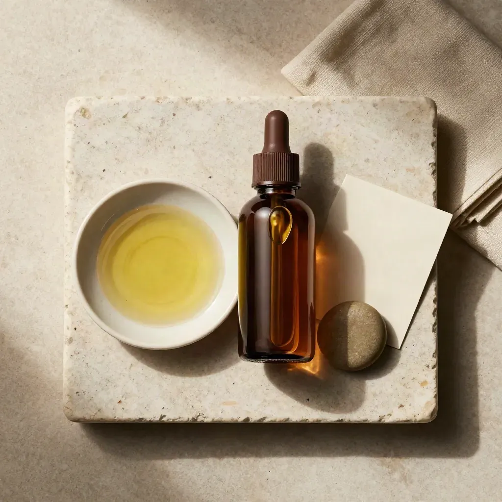 Overhead CBD oil flatlay with amber bottle, dish, linen square, pebble and pale stone