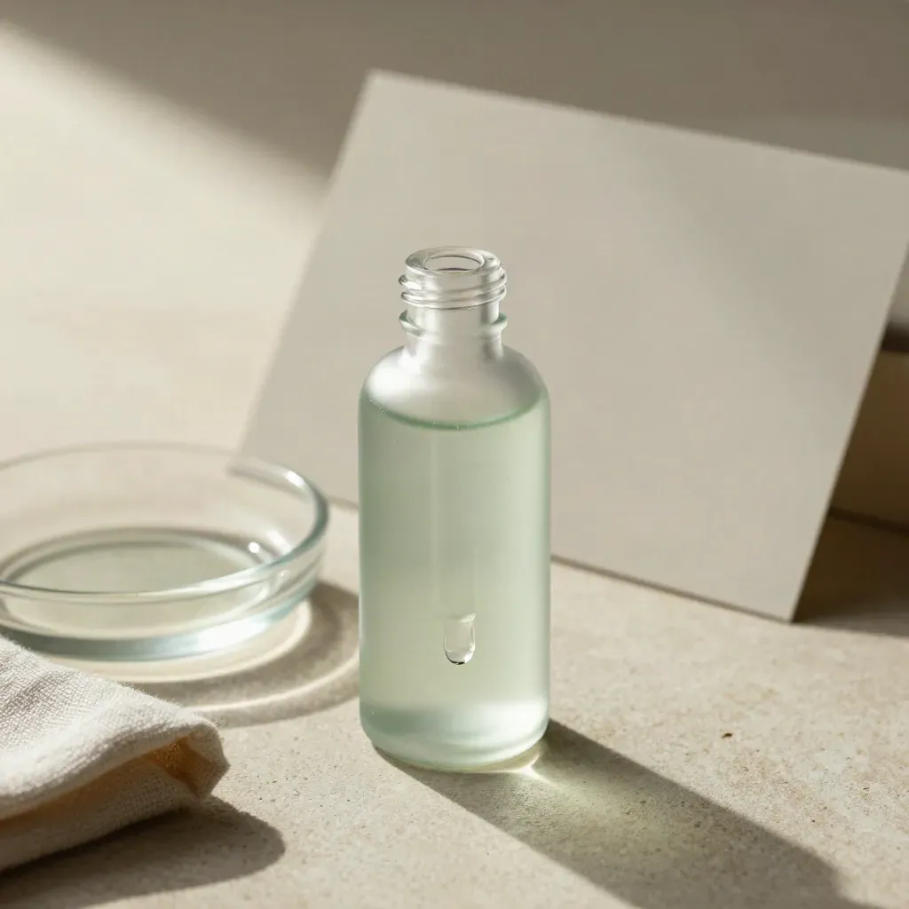 Mint tincture bottle with dropper, glass dish and linen fold on a pale studio surface