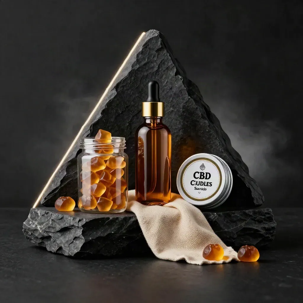 CBD gummies, tincture and balm arranged in a dramatic product trio on dark stone